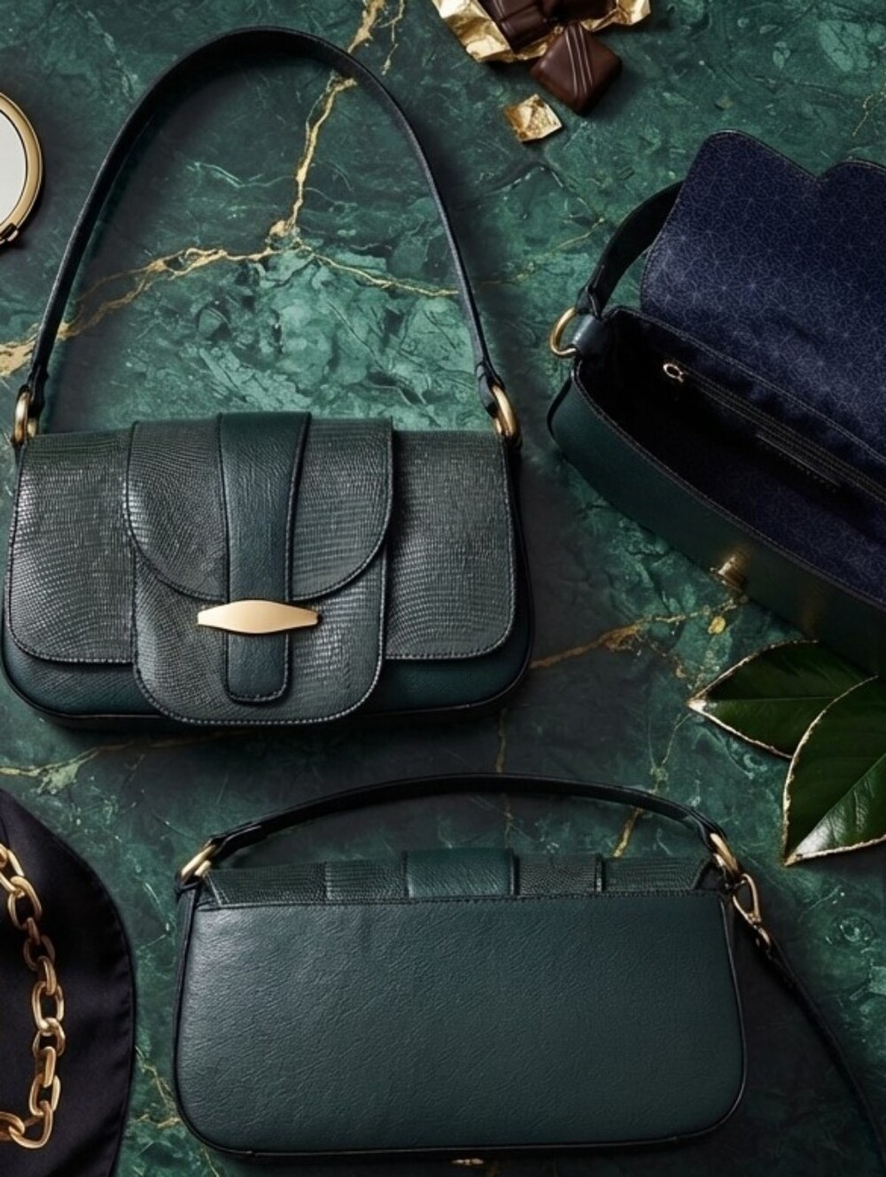 Time and Tru Dark Green Shoulder Bag with Gold Hardware